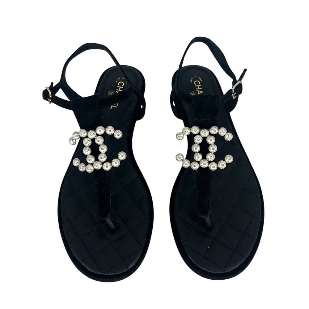 Chanel CC Pearl T Strap Suede Sandals Black 37.5C